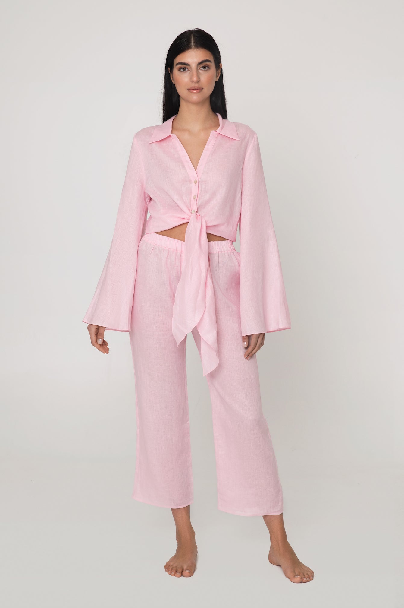 Resort wear Linen set pink linen shirt linen pants rosa linneset linnebyxor linne skjorta